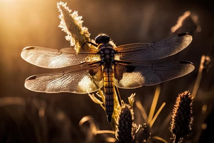 Transparent Beauty: Almost Transparent Dragonfly on Plant in Sunlit Field AI Image