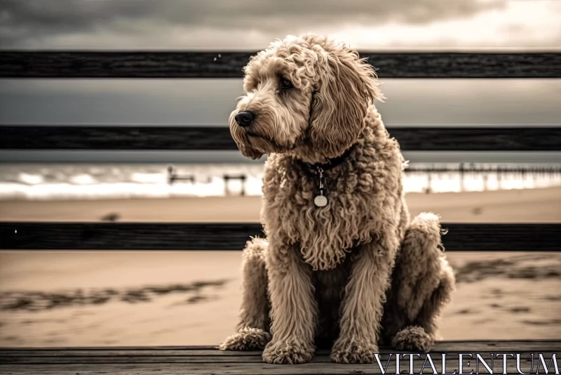 Sad Seaside Moment: Goldendoodle Sitting on the Baltic Sea, Overlooking the Pier