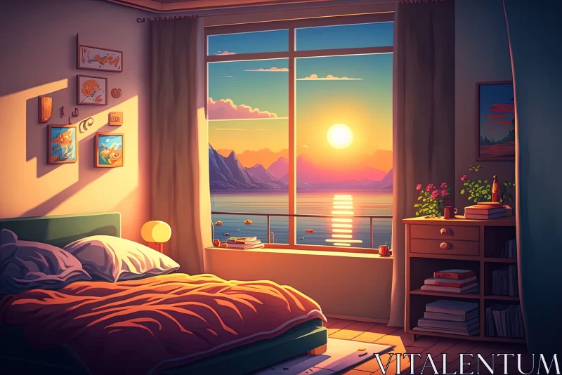Radiant Serenity: Evening Sunlight Embraces Mountains and Lake in Modern Bedroom AI Image
