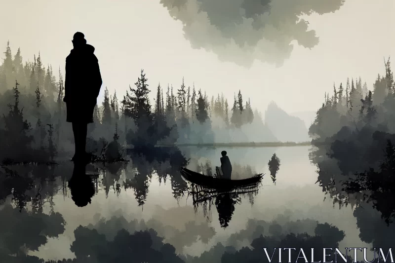 Gloomy Reflection: Gloomy Forest with Reflection in Lake and Man Silhouette AI Image