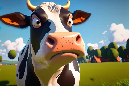 Charming Serenity: Cute Cow Captivatingly Gazes into the Camera on a Sunny Day AI Image