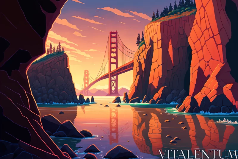 AI ART The Iconic Golden Gate Bridge Amidst Serene Waters and Rock Formations at San Francisco's Sunset