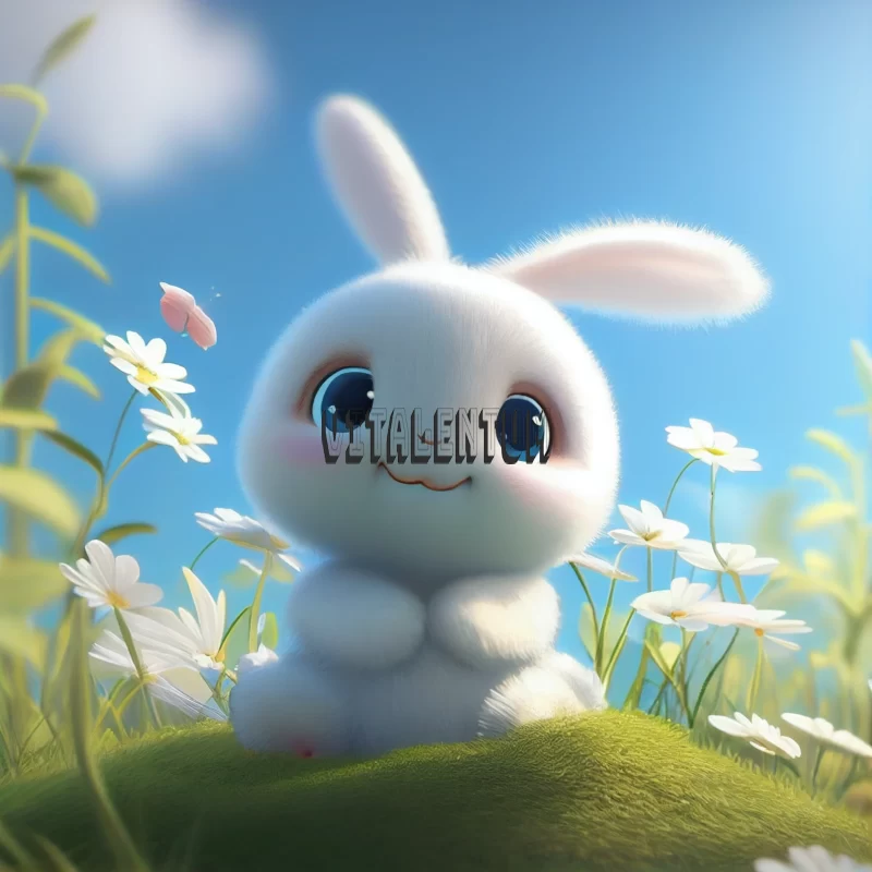 A Cute Little Bunny in a Chamomile Field Enjoying Warmth AI Image