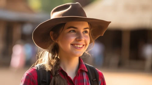 Portrait of a cheerful girl in plaid shirt and wide-brim hat under natural light.