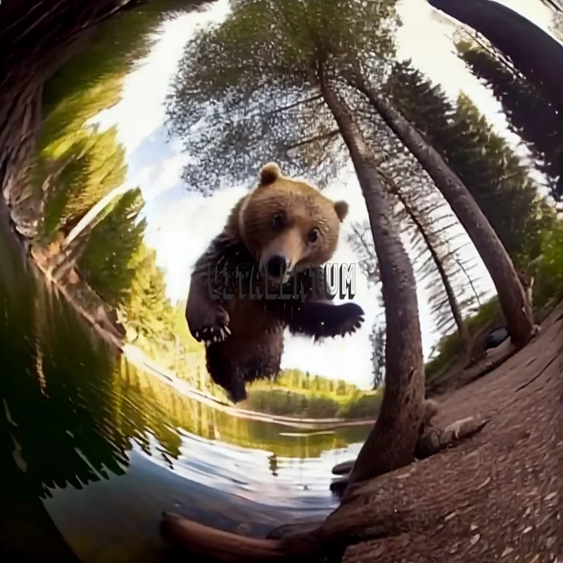 A Large Grizzly Bear Falling from a Tree on the Lakeside, Captured on a Fisheye Camera AI Image