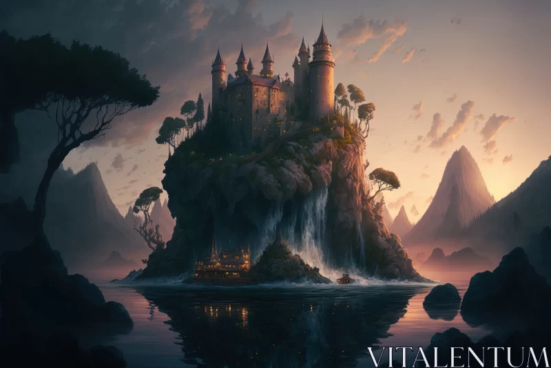 Dusk's Enchantment: Floating Islands with Castle and Waterfall Amidst Serene Twilight AI Image