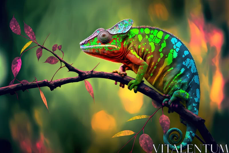 AI ART Nature's Chromatic Marvel: Vibrant Chameleon on Branch