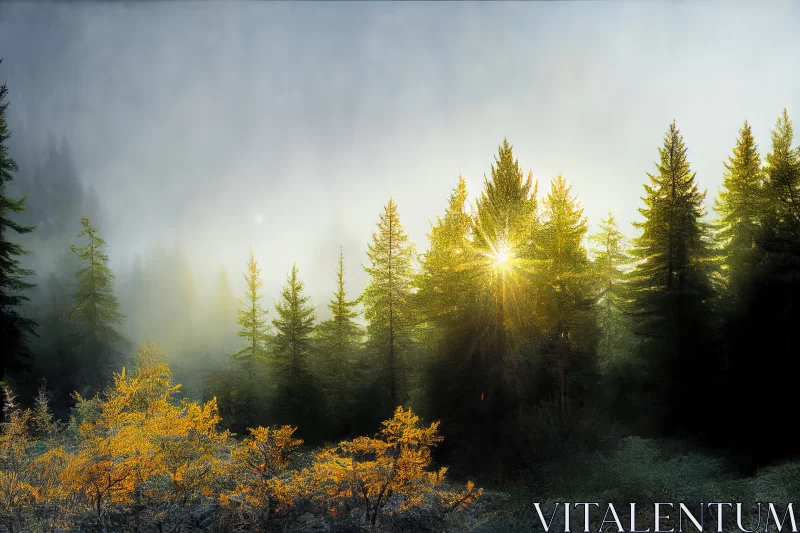 Mystical Morning Glow: Fir Tree Woods Bathed in Beautiful Sunlight AI Image