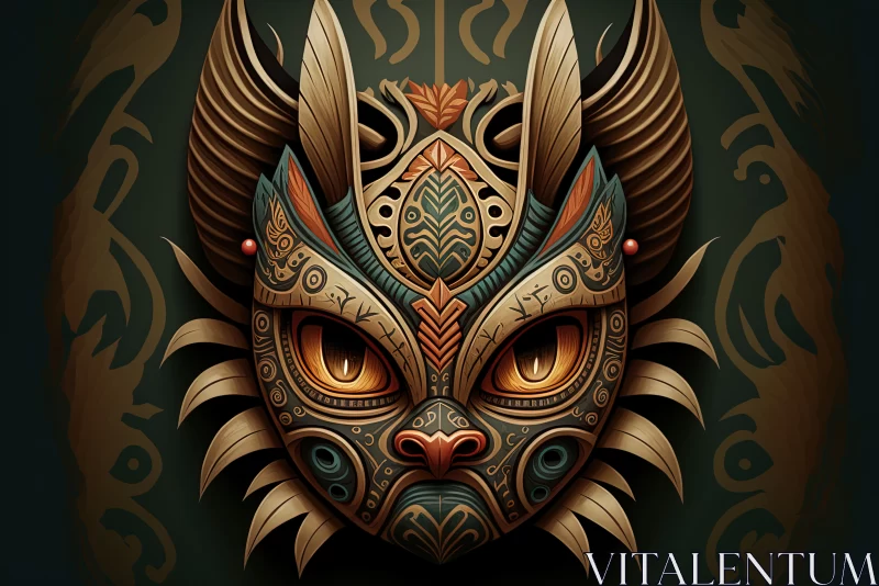 Mythical Intrigue: Cat Ritual Warlike Tiki Mask with Patterns AI Image