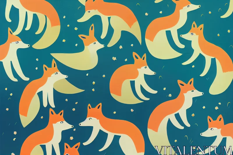 Foxes in Motion: Vibrant Blue and Orange Wallpaper Design with Foxes Hunting Birds AI Image