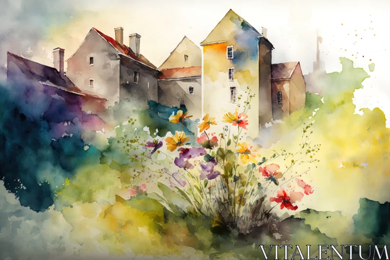 Enchanting Blooms: Colourful Watercolour Painting of Spring Flowers with Buildings and Walls AI Image