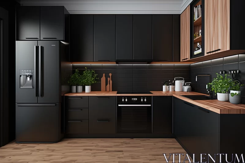 Sophisticated Elegance: Modern Luxury Black Kitchen with Wood Built-In AI Image