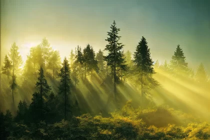 Golden Serenity: Early Morning Sunlight Illuminating Fir Tree Woods