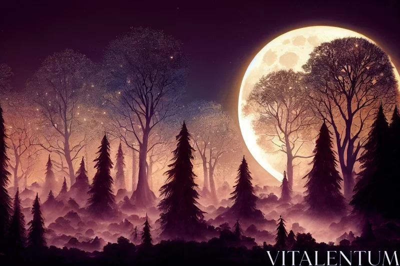 Moonlit Enchantment: Bright Moon Illuminates the Mystical Fairy Tale Forest AI Image