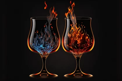 Burning Elixir: Fiery Blue and Red Alcohol in Mesmerizing Glasses AI Image