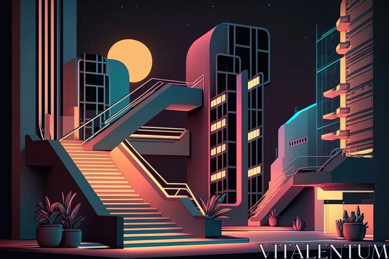 Luminous Ascension: A Futuristic Night Cityscape with Illuminated Stairs AI Image