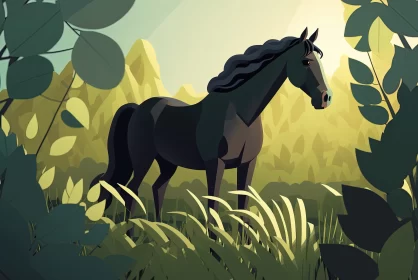 Stallion's Majesty: Black Stallion in Green Field under Sunlight at Daytime AI Image