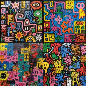 A painting of an abstract pattern with colorful drawings and doodles, including various animal shape
