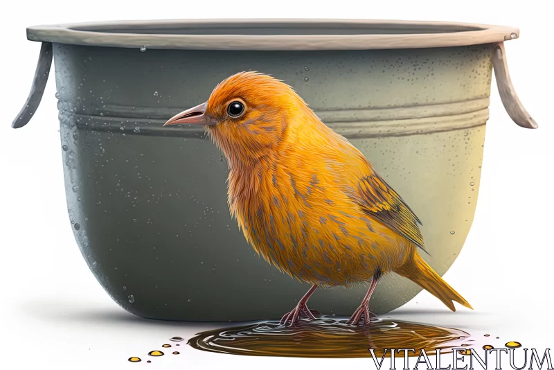 Saffron Splendor: Beautiful Saffron Finch Bird Drinking Water from Bucket AI Image