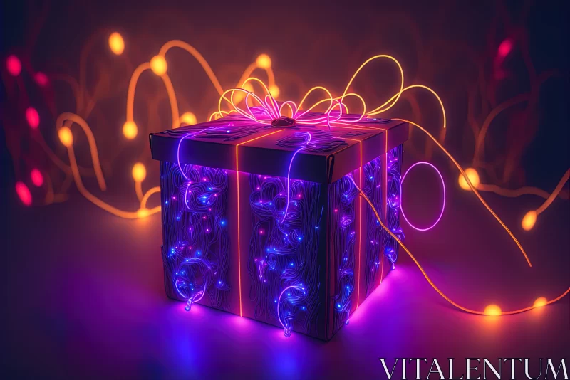 Radiant Surprise: Gift Box Illuminated by Neon Lighting, Adorned with a Garland AI Image