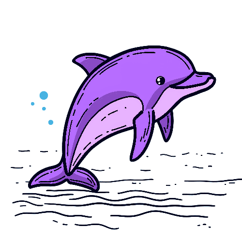 POD Design A cute purple cartoon dolphin leaping out of stylized water with small blue bubbles.