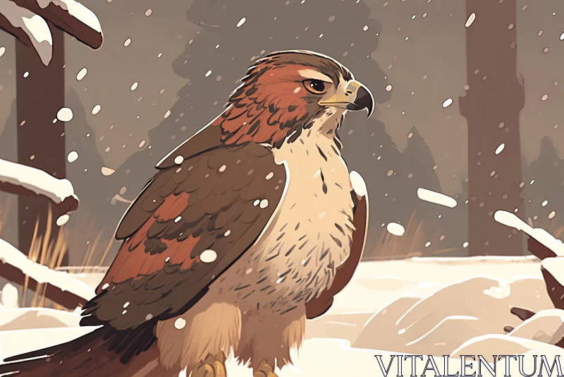 Snowy Majesty: Red-Tailed Hawk Standing on Snow-Covered Ground AI Image