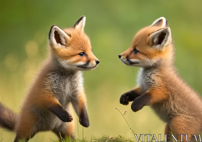 Joyful Playtime: Two Baby Foxes Frolic in a Green Grassy Field AI Image