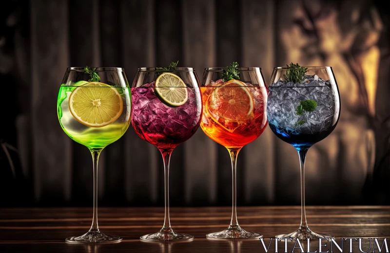 Cheers to Vibrance: Five Colorful Gin Tonic Cocktails in Wine Glasses, Served at a Pub or Restaurant AI Image