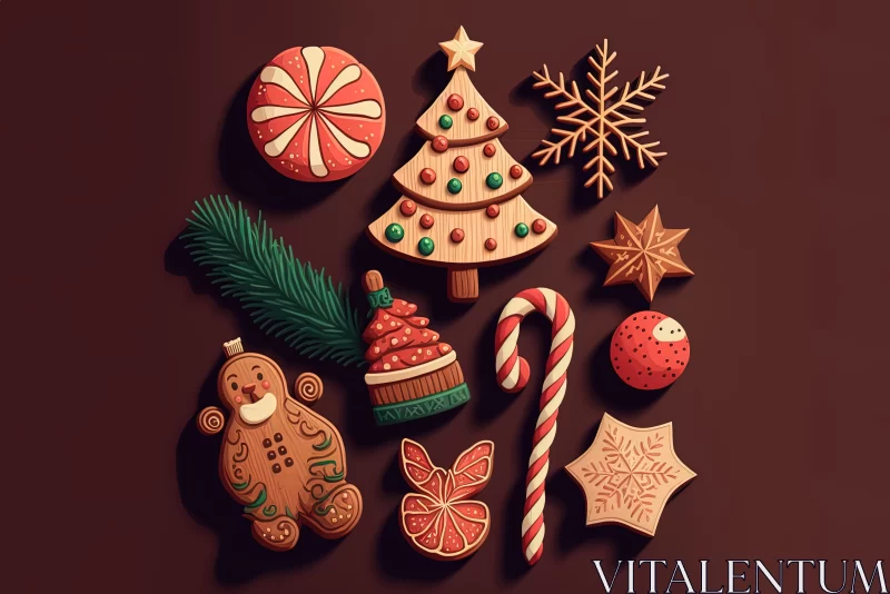 Rustic Holiday Charm: Christmas Decorations Laid on a Textured Wooden Surface AI Image
