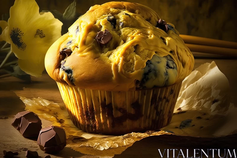 Golden Delight: Tempting Chocolate Chip Muffin with a Touch of Gold AI Image