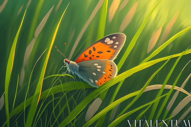 Vibrant Elegance: Closeup of a Small Bright Orange Butterfly on the Summer Grass of a Meadow AI Image