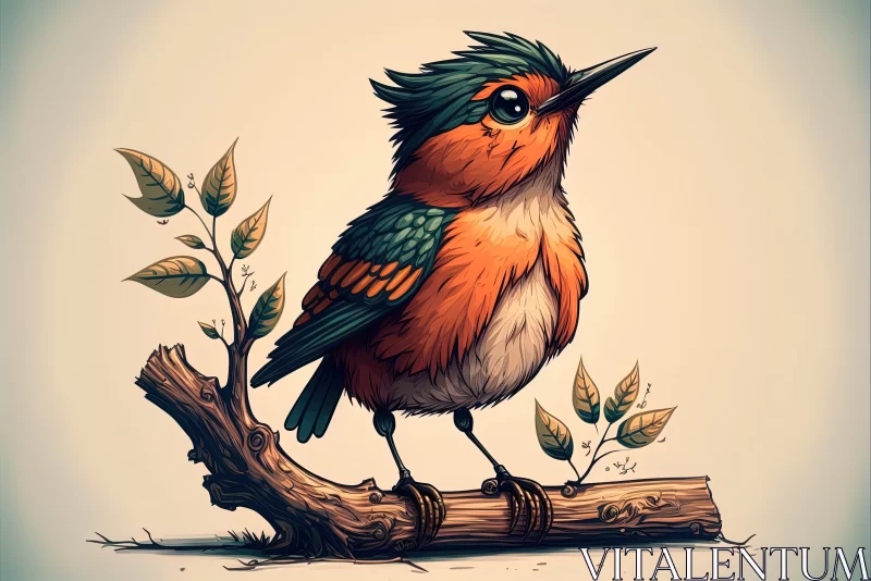 Adorable Avian Charm: Cute Cartoon Bird Perched on a Tree Brancр AI Image