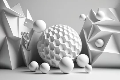 Spheres of Elegance: Snow White Geometric Background with Ball and Sharp Sphere Elements AI Image