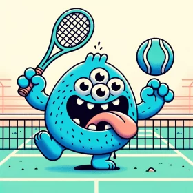 Chubby blue monster with four eyes playing tennis