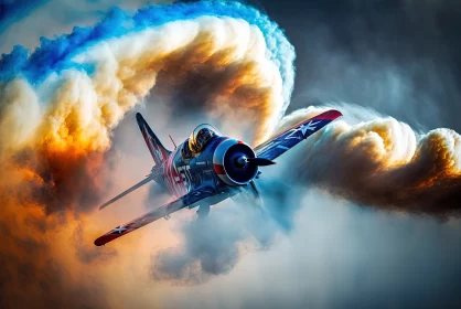 A Fighter Jet Performing Aerobatics Amidst Smoke Trails in the Blue Sky AI Image
