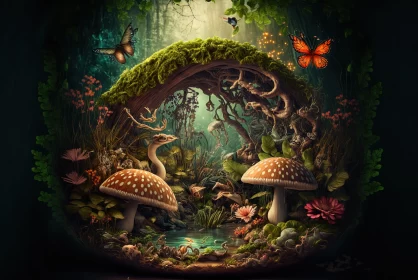 Magical Haven: Garden of Enchanted Mushrooms in the Woods, A Retreat for Wild Animals in the Summer AI Image