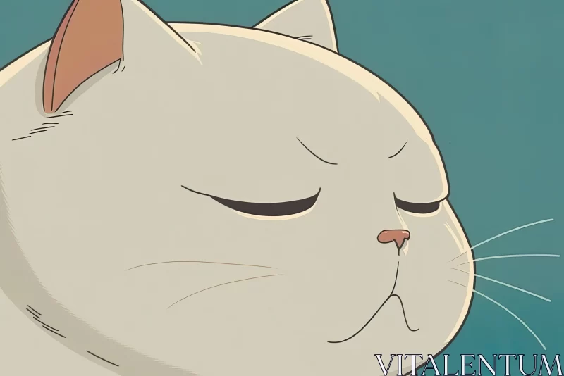 Blissful Serenity: Cartoon-like Picture of Small White Cat with Closed Eyes AI Image
