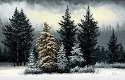 Winter Serenity: Firs and Spruces in Snowy Field on a Cloudy Day