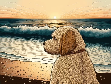 Beachside Contemplation: Goldendoodle Sitting on the Beach, Gazing into the Sunset Waves