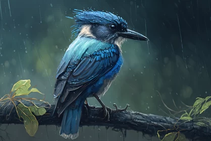 Rainy Elegance: Portrait of a Blue Exotic Bird Perched on a Tree Branch in a Forest on a Rainy Day