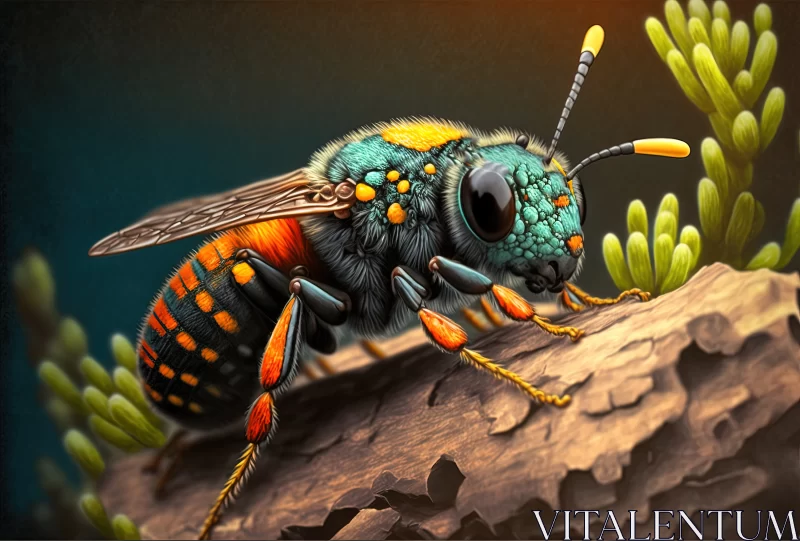 Colorful Nomad: Orange Horned Nomad Cuckoo Bee on Lichens AI Image