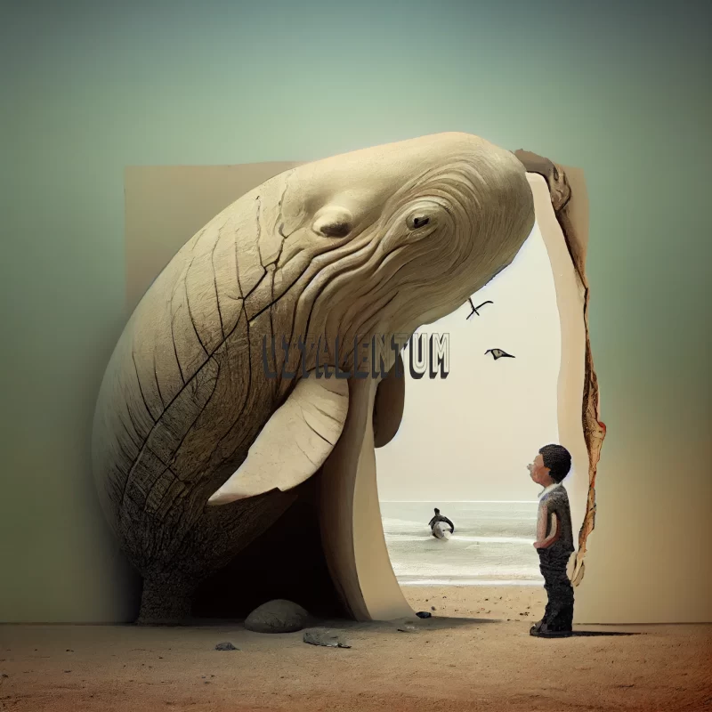 A Surrealistic Picture of a Wale and a Little Boy on the Shore AI Image
