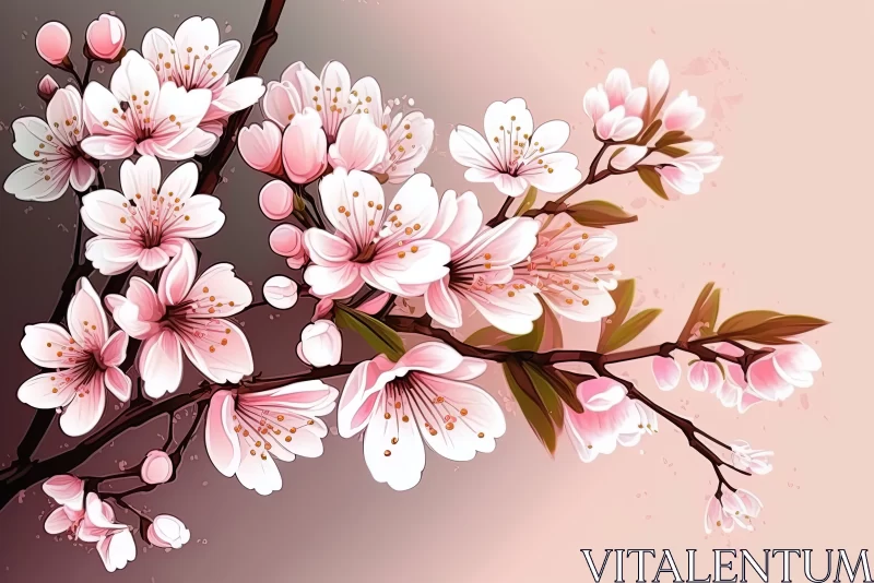 Tender Blossoms: Cartoon Tender Cherry Blossoms on Cherry Tree Branches AI Image