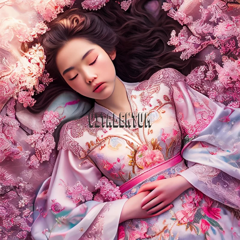 Phenomenal Portrait Of A Beautiful Woman, Sleeping In Cherry Blossoms And Lace AI Image