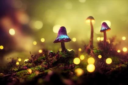 Ethereal Glow: Fantasy Neon Mushrooms Illuminate the Mystery of the Dark Forest in Close-Up AI Image