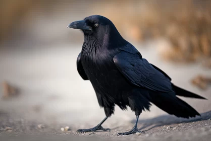 Mysterious Majesty: Closeup of a Black Common Raven Gracefully Treading Earth