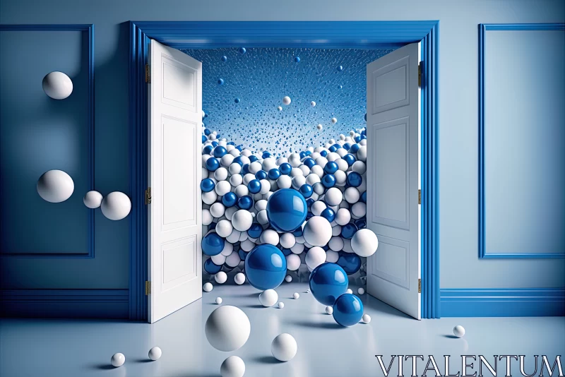 Whimsical Delight: Blue and White Balls Take Flight in a Bright Wonderland AI Image