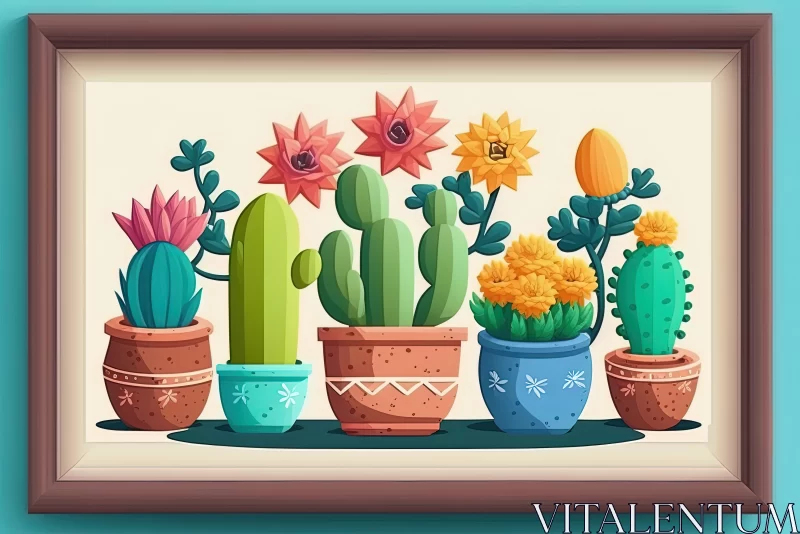 Botanical Bliss: Flowers and Succulent Pots in a Captivating Wooden Frame AI Image