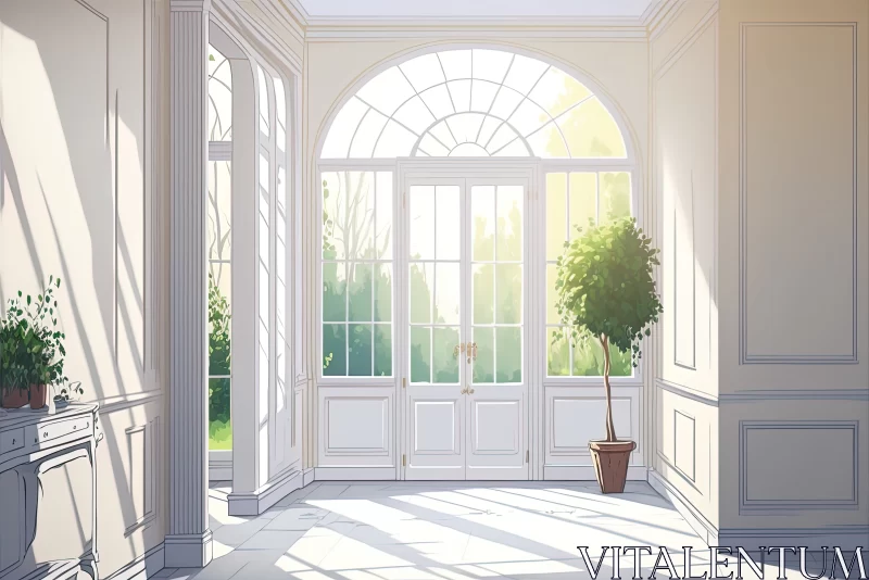 AI ART Serenity in White: Beautiful Image of an Empty Room with Access to the Garden Area