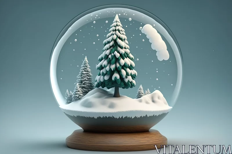 Winter Wonderland: Christmas Tree Encased in a Glass Ball atop Glistening Snow AI Image